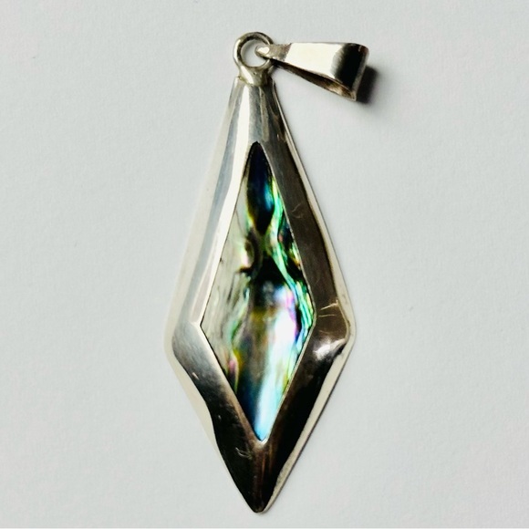 Vintage Abalone Shell Inlay & 925 Sterling Silver Pendant in Diamond Shape EUC - Picture 5 of 7